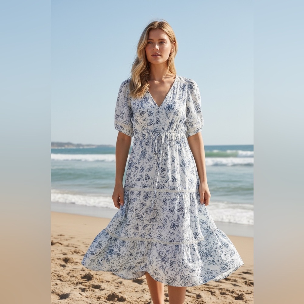 Lucky Brand Blue & White Midi Dress Summer Size L